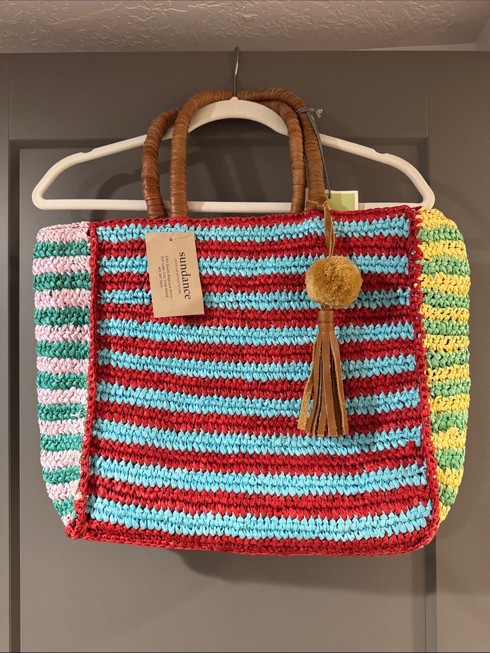 Sundance Red, Turquoise & Pink Striped Crochet Tote with Tassel